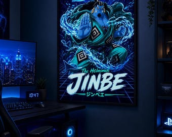 Jinbe One Piece Poster | Neon Synthwave Anime Wand Kunst | Digitaler Download Druck 27x40