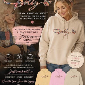 May include: A beige hooded sweatshirt featuring a multi-colored patchwork-style butterfly and the name Dolly printed on the chest. The design includes a front kangaroo pocket, long sleeves, and a drawstring hood, presented alongside text and color options.