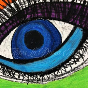 May include: A vibrant oil pastel drawing of a large eye with a deep blue iris and black pupil. The eye features thick black eyelashes, a purple eyelid, and a bright orange upper background with a lime green lower section. Signed Rachel M.
