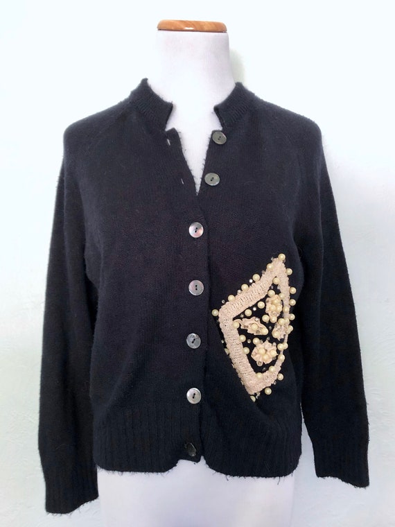 1950s vintage beaded sweater / Sidney Gould / bla… - image 3