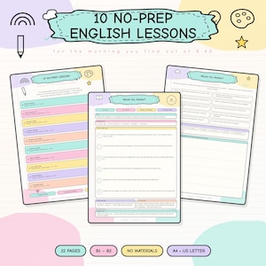 Könnte beinhalten: Ein Set aus Lehrmaterialien mit dem Titel 10 NO-PREP ENGLISH LESSONS, bestehend aus drei Seiten mit pastellfarbenen Kopfzeilen, textbasierten Aktivitäten und Would You Rather-Fragen. Die Seiten enthalten Abschnitte für Unterrichtspläne und Aufgaben.