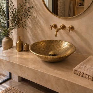 Pode incluir: Um lavatório redondo de latão martelado com acabamento dourado metálico, combinado com uma torneira de parede de latão com dois manípulos em cruz. O lavatório tem uma superfície texturizada e está posicionado sobre uma bancada de pedra bege.