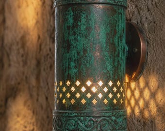 Handmade Oxidized Copper Moroccan Wall Sconce | Rustic Green Patina Cylinder Wall Light | Luxury Outdoor & Indoor Copper Lantern
