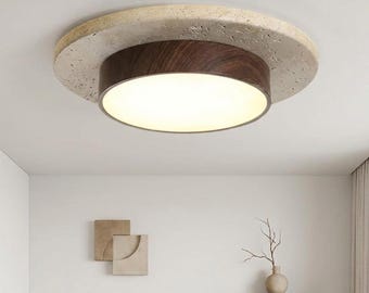 Stone Ceiling Light Flush Mount Lamp Natural Walnut Wood Wabi Sabi Minimalist Bedroom Hallway Lighting Japandi Style Led Fixture Round