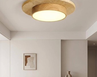 Stone Ceiling Light Flush Mount Lamp Natural Walnut Wood Wabi Sabi Minimalist Bedroom Hallway Lighting Japandi Style Led Fixture Round