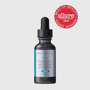May include: A dark glass dropper bottle of SkinCeuticals P-TIOX wrinkle-modulating peptide serum. The label reads: SkinCeuticals P-TIOX, wrinkle-modulating peptide serum, improves the look of contraction lines, texture and radiance, Correct, 30 ml / 1 fl oz. A red Allure Best of Beauty Award 2025 seal is visible.