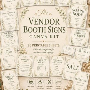 Può includere: Una collezione di venti cartelli stampabili per stand di vendita con illustrazioni botaniche e testo che include Welcome, Product Care, Follow Us On Instagram, Best Sellers, Stay In Touch, We Take Custom Orders, Soap & Body, Fresh From The Market, New Arrivals, Sale, Market Menu, Payment Methods e Thank You.