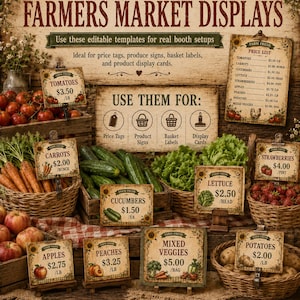 Könnte beinhalten: Eine Sammlung von druckbaren Schildern und Preisschildern im rustikalen Stil für einen Bauernmarkt, mit Sonnenblumenrändern und Holzmaserungshintergründen. Die Schilder zeigen Text für verschiedene Produkte wie Tomaten und Karotten mit Preisen.