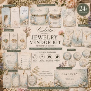 May include: A jewelry vendor kit printable bundle featuring 24+ templates including earring cards, bracelet backer cards, necklace cards, ring cards, stickers, hang tags, and a booth banner, all decorated with a coastal seashell illustration.