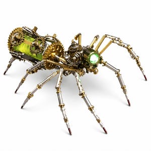 Puede incluir: Una escultura de araña mecánica construida con piezas de metal en tonos latón y plata, con un cuerpo alargado con engranajes giratorios y un núcleo cilíndrico verde brillante, además de ocho patas articuladas y un ojo LED verde.