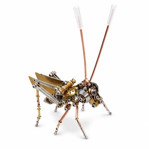 Op de afbeelding: Een sculptuur van een sprinkhaan gemaakt van diverse metalen onderdelen, waaronder messing, koper en staal. Het insect heeft lange koperdraad antennes met doorzichtige plastic uiteinden, gelede poten en een gesegmenteerd lichaam.