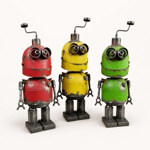 statue de robot en métal vintage, art de jardin steampunk rétro, décoration industrielle, rouge jaune vert