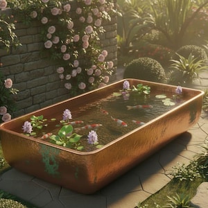 Moroccan Handcrafted Hammered Copper Koi Pond — Rectangular Garden Water Feature with Natural Patina