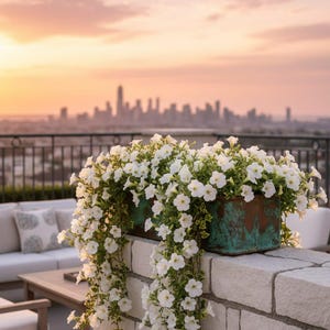 May include: A rectangular, weathered teal and rust-colored metal planter box overflowing with cascading white petunia flowers. The planter is positioned on top of a light-colored stone wall, with green foliage visible among the white blossoms.