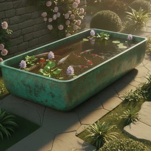 Moroccan Handcrafted Copper Koi Pond — Rectangular Garden Water Feature with Full Verdigris Patina