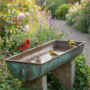 May include: A rectangular metal bird bath with a weathered teal and brown patina finish, supported by two stone blocks. A bright red cardinal and three yellow and black goldfinches are perched on the rim of the water-filled basin.