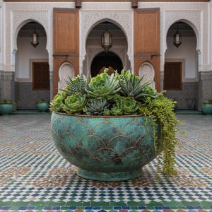 May include: A large, round, teal-colored planter with a weathered, scalloped pattern and gold-toned outlines. The planter is filled with a dense arrangement of various green succulents, including rosette-shaped varieties and a trailing plant.