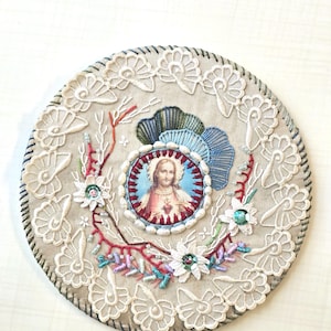 Sacred Heart of Jesus hand embroidered panel~Wall hanging ~Catholic home decor~Conventual style embroidery panel~