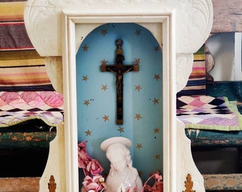 Catholic home altar/ decor piece~Handmade catholic~Virgin Mary and Crucifix~Antique religious ~Catholic gift~