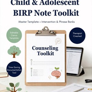 Può includere: Un kit di strumenti per note BIRP per bambini e adolescenti con modello principale, banche di intervento e frasi. Il documento sulla cartellina mostra il testo Counseling Toolkit, un'illustrazione di un cervello e caselle.