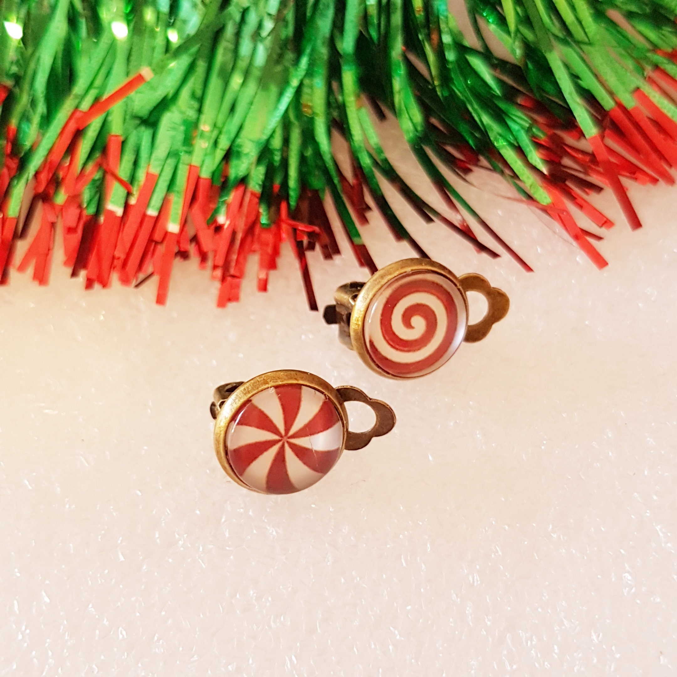 Christmas Clip On Earrings Swirly Earrings Red and White Non | Etsy