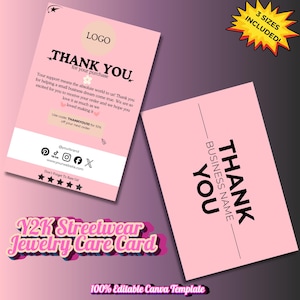 May include: Two rectangular pink thank you cards with black text. One card features a logo placeholder, thank you message, discount code, social media icons, and a five-star rating graphic. The other card displays the text THANK YOU BUSINESS NAME.