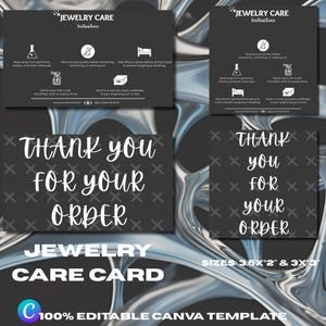 May include: A set of black jewelry care cards and thank you cards featuring white text and icons. The cards include instructions to avoid chemicals, water, and sleeping in jewelry. The text reads Thank you for your order and Jewelry Care Instructions. Sizes are 3.5 inches by 2 inches and 3 inches by 3 inches.