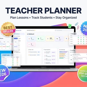 May include: A digital teacher planner displayed on a laptop screen, featuring a dashboard with sections for attendance, grade tracking, and lesson planning. The interface includes colourful icons and text labels. Decorative stickers include Best Seller and New 2026.
