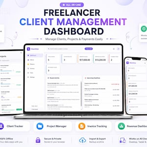 May include: A digital freelancer client management dashboard displayed on a laptop, tablet, and smartphone. The interface features sections for project tracking, invoice management, payment tracking, and task reminders with data visualizations.