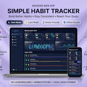 May include: A digital habit tracker web app displayed on a laptop and smartphone screen. The interface features a dark mode dashboard with progress charts, habit lists, and calendar views. Text includes Modern Web App, Simple Habit Tracker, and features like Track Unlimited Habits, Visual Progress Dashboard, Streak Tracking, Calendar View, Import & Export Data, and Quick Start PDF Guide.