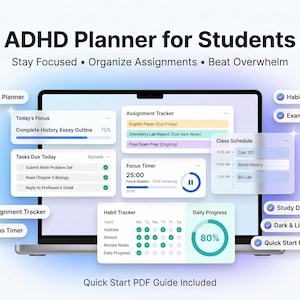 ADHD Student Planner – Digital Study Organizer with Focus Timer, Tasks | Assignment Tracker, Class Schedule, Habit & Notes (Dark/Light Mode)
