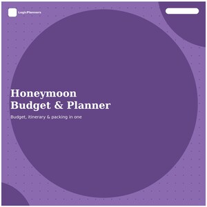 Op de afbeelding: Een vierkante paarse digitale planner-omslag met een grote centrale cirkel en een stippenpatroon. De tekst luidt: LogicPlanners, Honeymoon Budget & Planner, en Budget, itinerary & packing in one. Het ontwerp gebruikt witte tekst op paars.