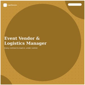 May include: A square graphic with a mustard yellow background featuring a grid of small dots. The text reads Event Vendor & Logistics Manager and Every contract & load-in, under control. A large dark brown circle is centered on the design.