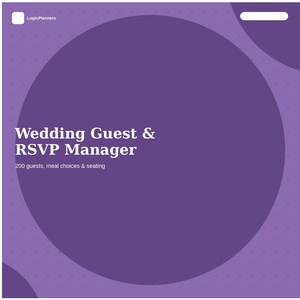 Op de afbeelding: Een vierkante paarse digitale planner-omslag met de tekst Wedding Guest & RSVP Manager, 200 guests, meal choices & seating, en LogicPlanners. Het ontwerp bevat een grote centrale cirkel, een stippenpatroon en een wit rechthoekig icoon.