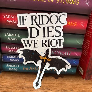 Könnte beinhalten: Ein gestanzter Aufkleber mit dem schwarzen Text IF RIDOC DIES WE RIOT in einer fetten Serifenschrift. Unter dem Text befindet sich eine schwarze Drachensilhouette mit orangefarbenen Flügelakzenten und kleinen blauen Sternendetails auf weißem Grund.