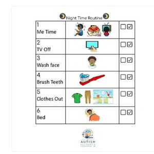 May include: A white Night Time Routine chart with six numbered steps featuring illustrations for tasks including me time, turning off the TV, washing the face, brushing teeth, laying out clothes, and going to bed, each with a checkbox for completion.
