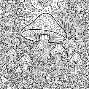 May include: A black and white line art illustration featuring a large central mushroom surrounded by smaller mushrooms, foliage, and trees with faces. The scene includes a crescent moon, a sun with an eye, and various intricate patterns.