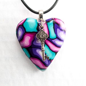 Handmade polymer clay stained glass design heart pendant necklace with sterling silver plated bail image 1