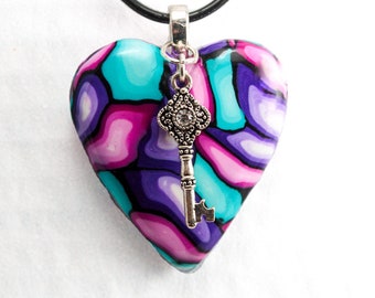 Handmade polymer clay stained glass design heart pendant necklace with sterling silver plated bail