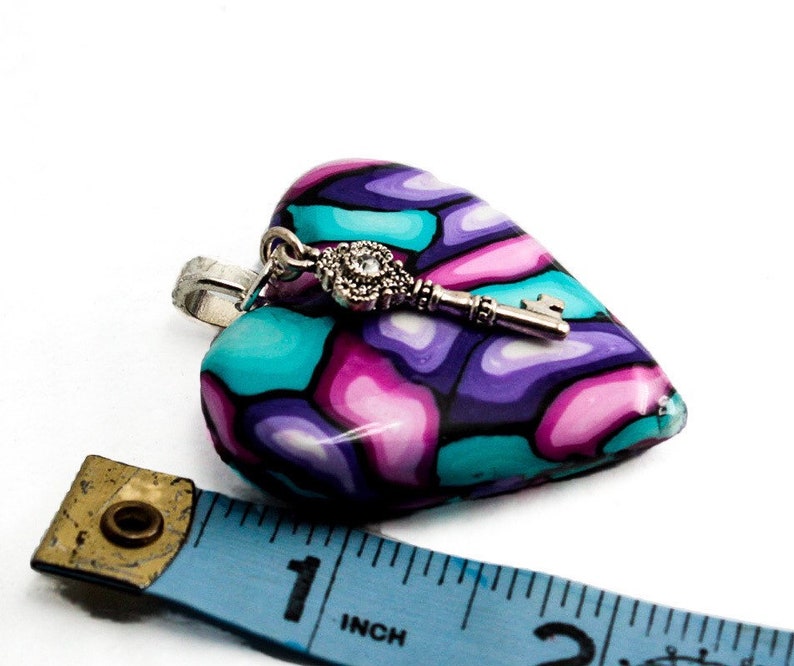 Handmade polymer clay stained glass design heart pendant necklace with sterling silver plated bail image 5