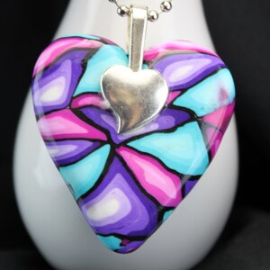 Handmade polymer clay stained glass design heart pendant necklace with sterling silver plated bail image 3