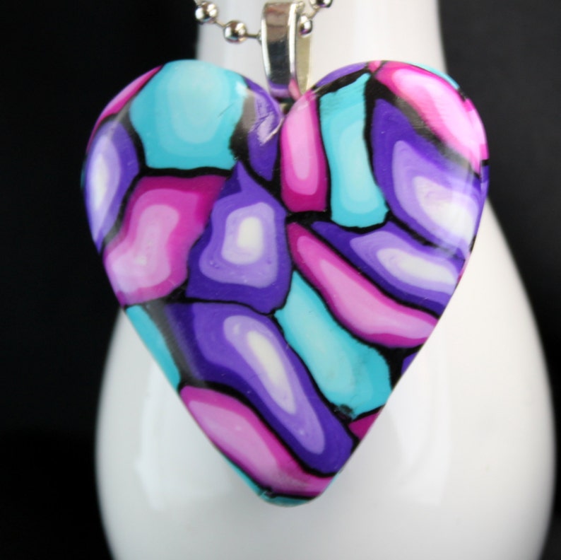 Handmade polymer clay stained glass design heart pendant necklace with sterling silver plated bail image 2