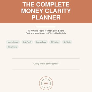 Op de afbeelding: Een digitale planner getiteld The Complete Money Clarity Planner van SoulDepthPrints. De pagina heeft een terracotta koptekst, een lijst met 10 printbare pagina's en categorieën zoals Monthly Budget, Debt Payoff en Savings Goals.
