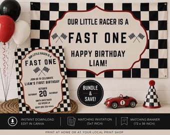 Our Little Racer is a Fast One Editable First Birthday Invitation and Banner