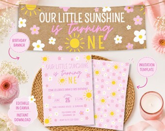 Our Little Sunshine is Turning One Editable Invitation Template AND Digital Birthday Banner Bundle