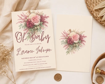 Floral Oh Baby Shower Invitation Template | Elegant Watercolor Blush Burgundy (Digital Download)