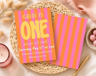 Retro One First Birthday Editable Invitation Template