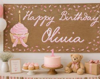 Pink Cupcake Editable Digital birthday Banner Template