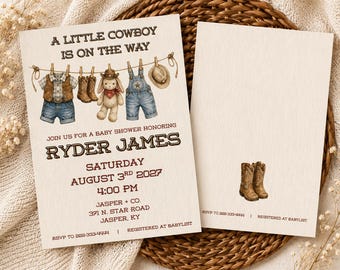 A Little Cowboy Is On The Way Baby Shower Invitation Editable Template