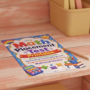 May include: A colorful math placement test printable worksheet featuring the text Math Placement Test Printable, Assess Elementary Skills, Homeschool Learning Diagnostic, Progress Monitoring Worksheet, Math Level Checker, with illustrations of a calculator, books, and math symbols.